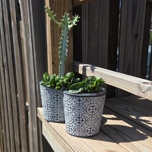 Aztec Geometric Embossed Ceramic Pottery 5" Planter Set Of Two